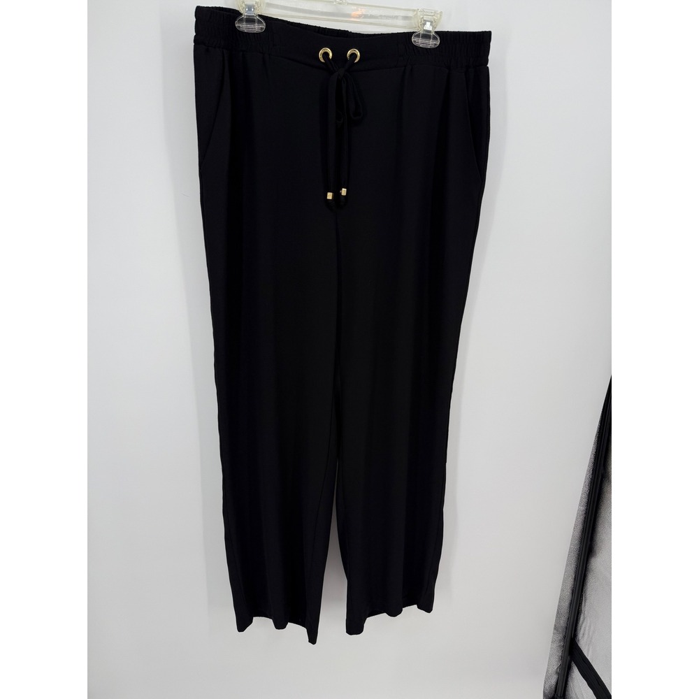 Michael Kors Wide Leg Pants Women XL Black Gold Hardware Drawstring Crepe